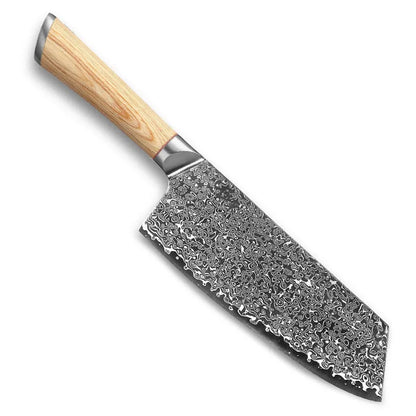 Damascus pattern kitchen knife set with eight stainless steel blades in various sizes