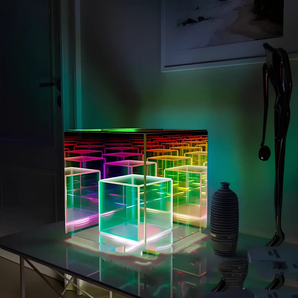 Acrylic cube LED table lamp with modern design and dimensions 24x22x22cm