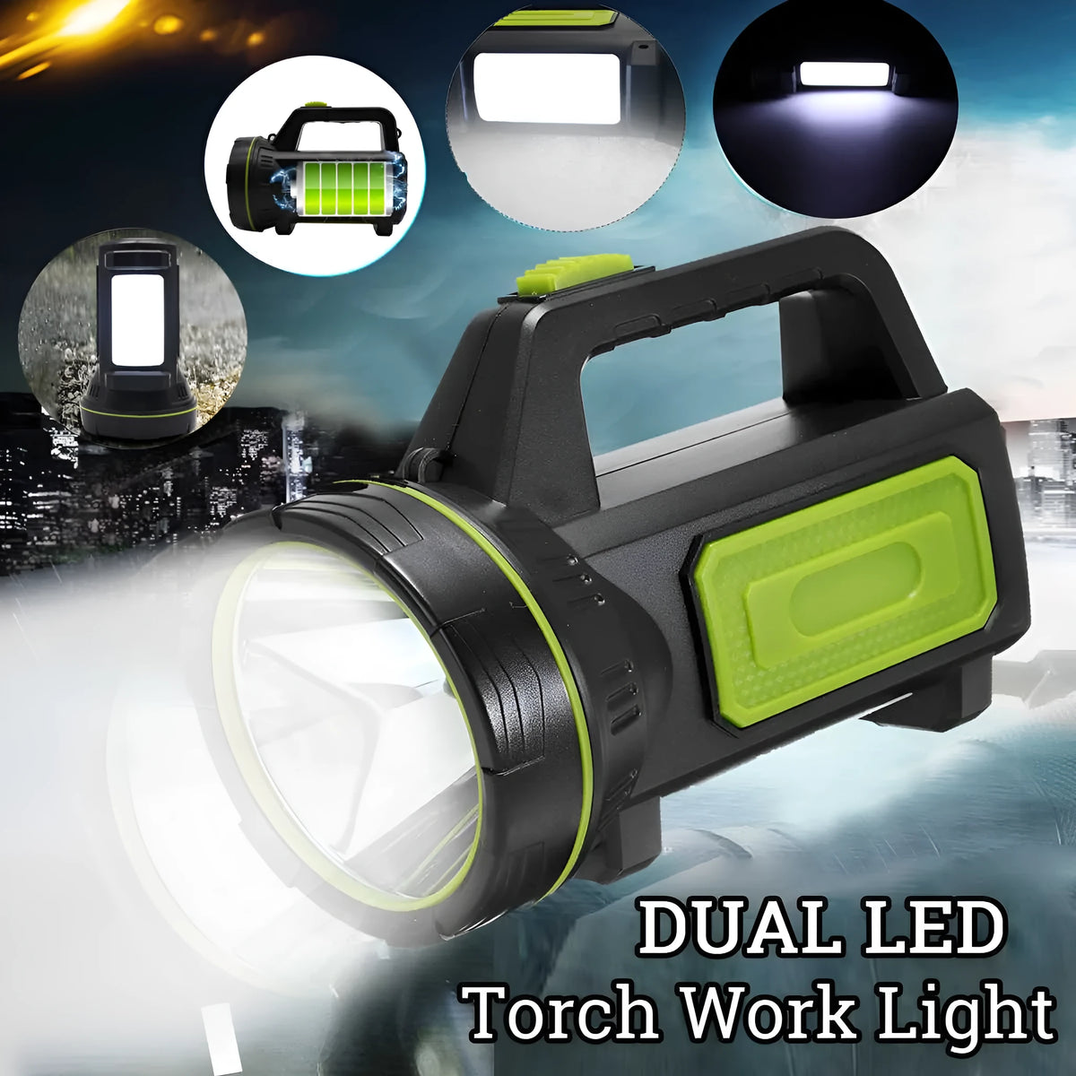 Green rechargeable LED flashlight with 500m beam range and 6000mAh battery for 10-hour runtime