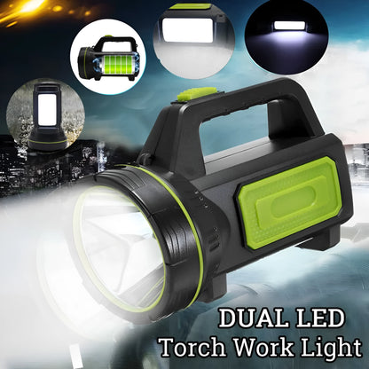 Green rechargeable LED flashlight with 500m beam range and 6000mAh battery for 10-hour runtime