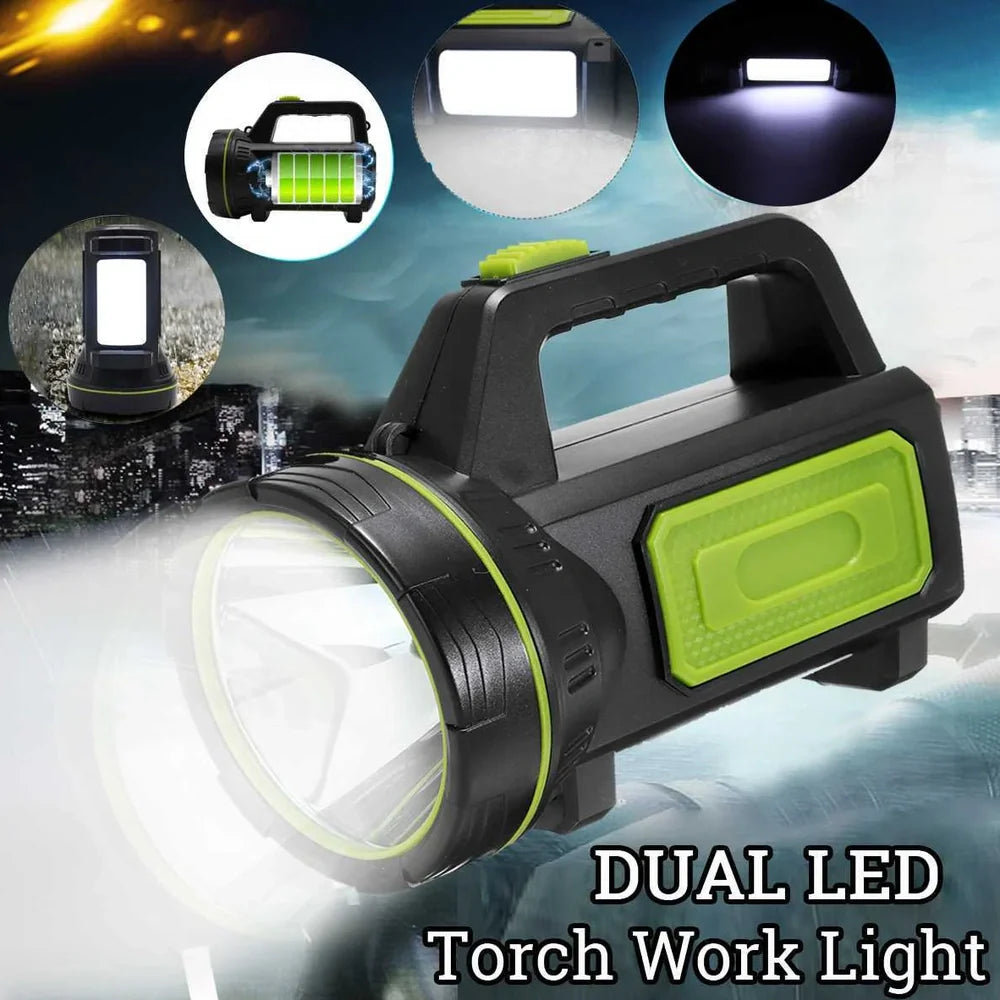 Green rechargeable LED flashlight with 500m beam range and USB charging port