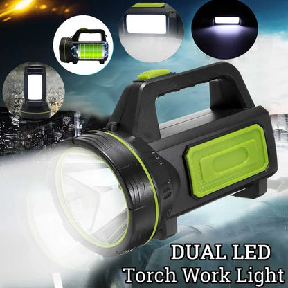 Green rechargeable LED flashlight with 500m beam range and USB charging port