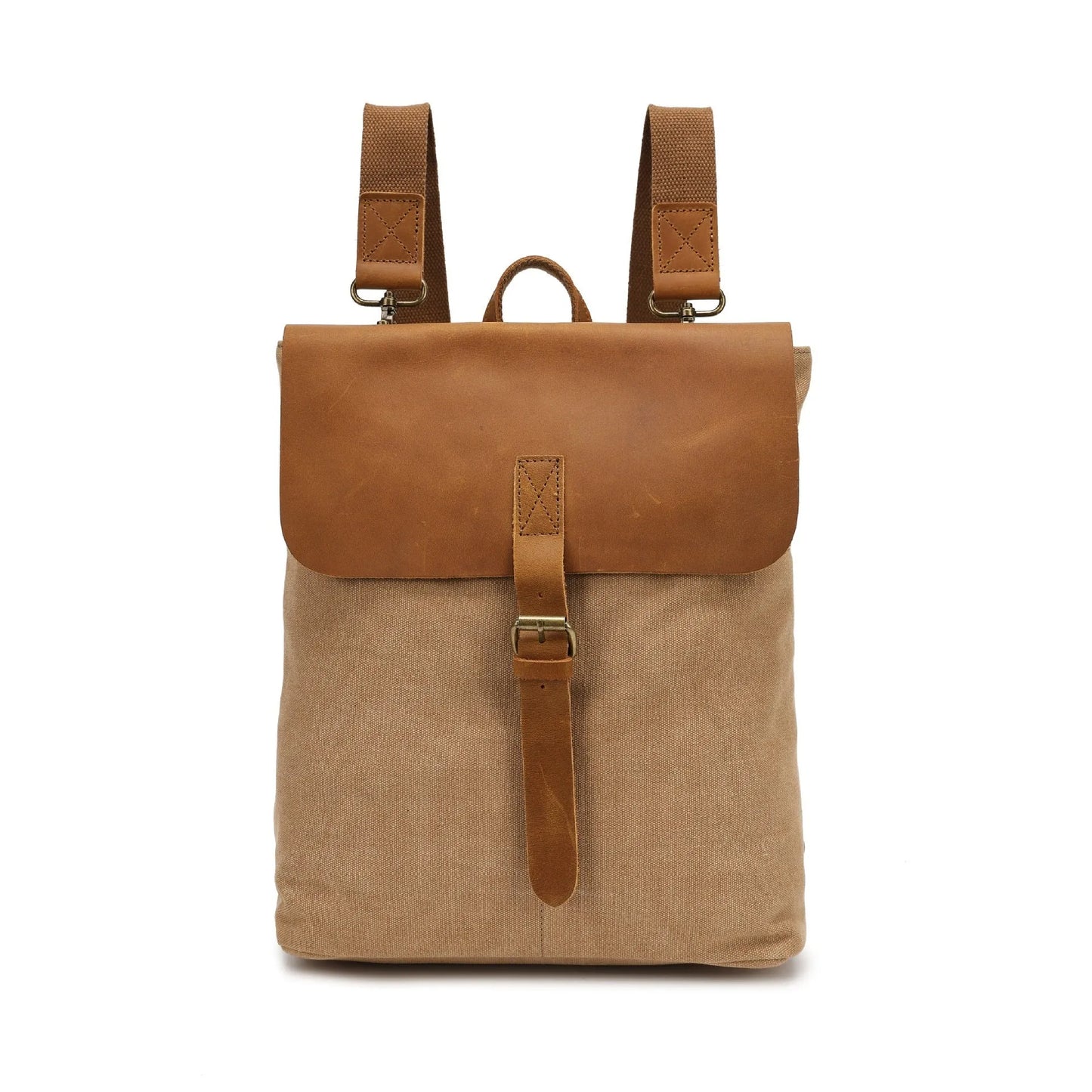 Crazy Horse leather trimmed waterproof canvas backpack in minimalist style, shown in multiple colour options.