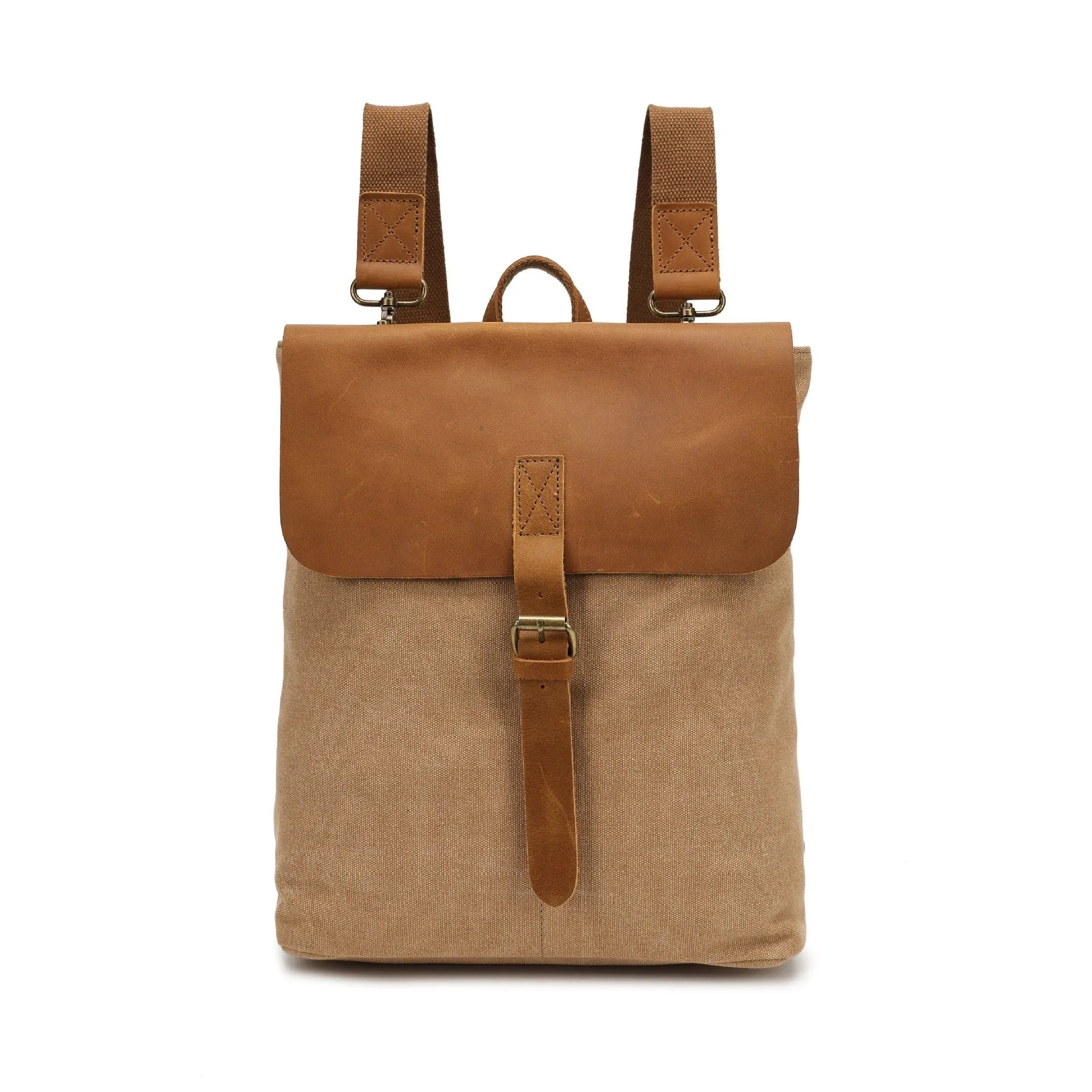 Crazy Horse leather trimmed waterproof canvas backpack in minimalist style, shown in multiple colour options.