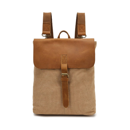Crazy Horse leather trimmed waterproof canvas backpack in minimalist style, shown in multiple colour options.