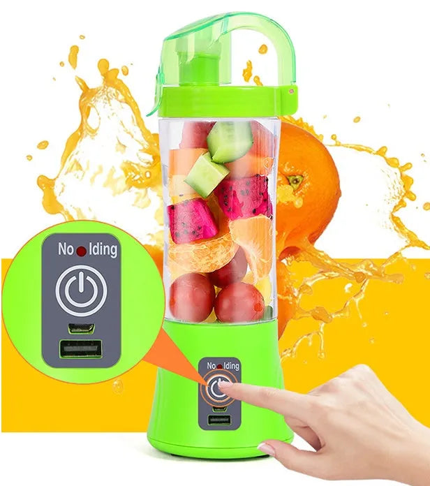 Blue portable electric fruit juicer with USB charging port and 400ml blending cup