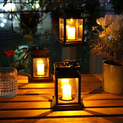 Black solar wind lamp, ABS plastic, 90mm diameter, 128mm height, warm white LED, IPX4 waterproof, for outdoor courtyard use.