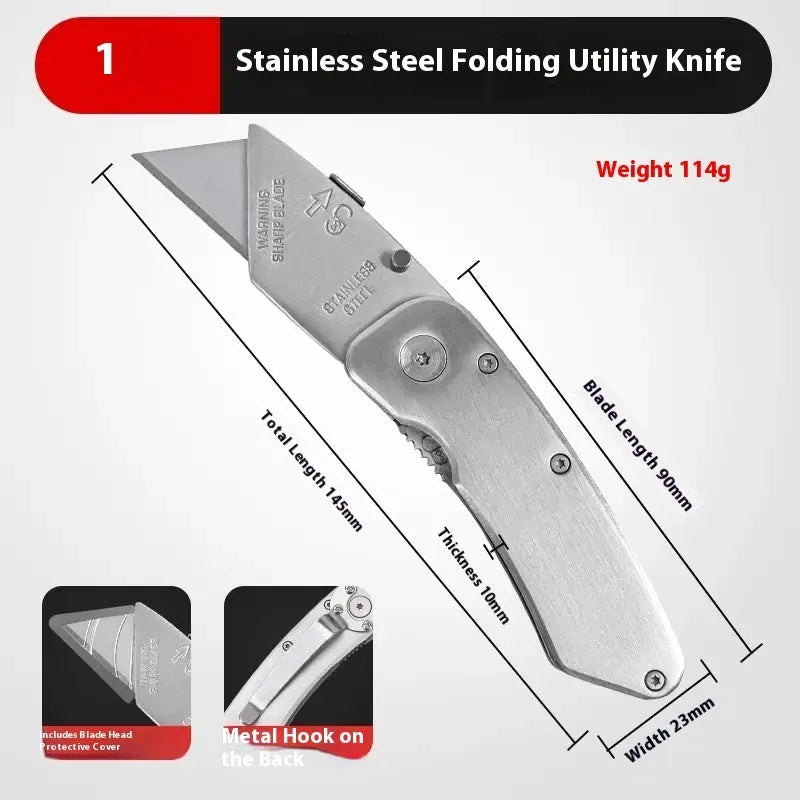 Stainless steel folding utility art knife with black blade and a pack of replacement blades.