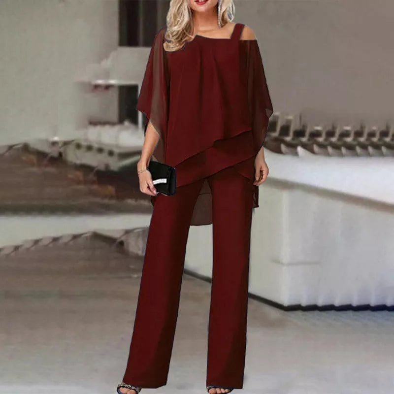 Women's batwing sleeve top and straight trousers set in polyester, available in multiple colors