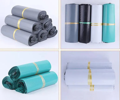 A pack of flat, sealed white PE plastic courier bags with an adhesive strip, showing size options and colour variations.
