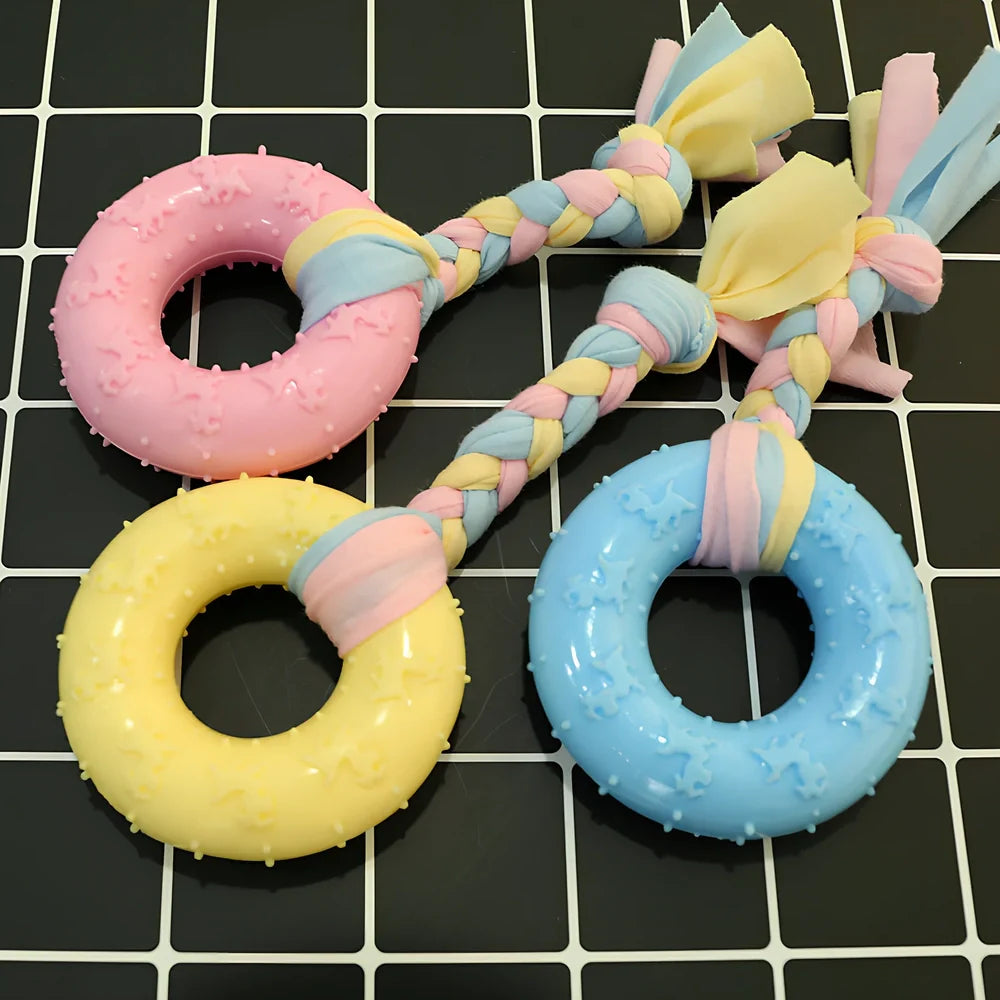 Non-toxic rubber dog chew toys in star, ring and ball shapes with textured cleaning surface
