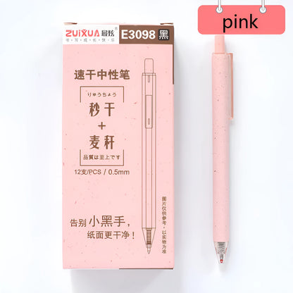 Set of 12 coloured 0.5mm gel pens with black ink and press-button tops on a white surface.