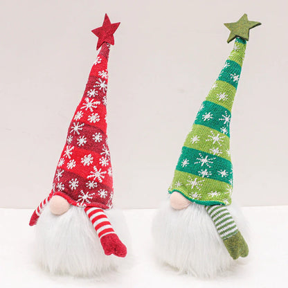 Festive faceless gnome dolls in various colors, including green, red, and grey, with battery-powered lights for cozy Christmas decor