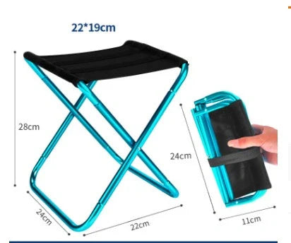 Compact outdoor folding chair in blue or red with aluminum frame and Oxford cloth seat