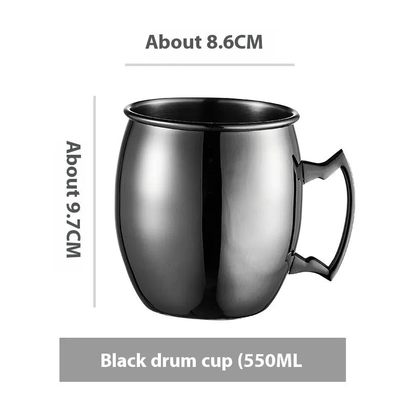 Stainless steel Moscow Mule cup with copper interior in gold, rose gold, silver, or black finish.