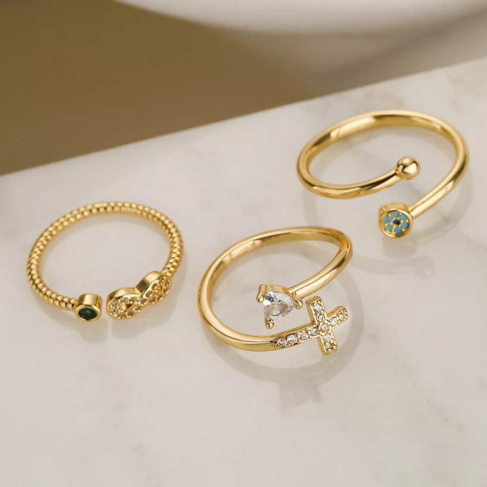 Adjustable clear CZ zircon cross evil eye ring for women, geometric design with irregular elements