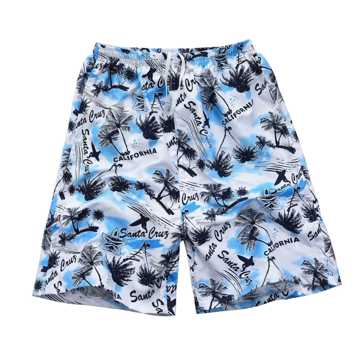 Men's floral printed swimming trunks in polyester fabric showing multiple pattern options for beach and pool use