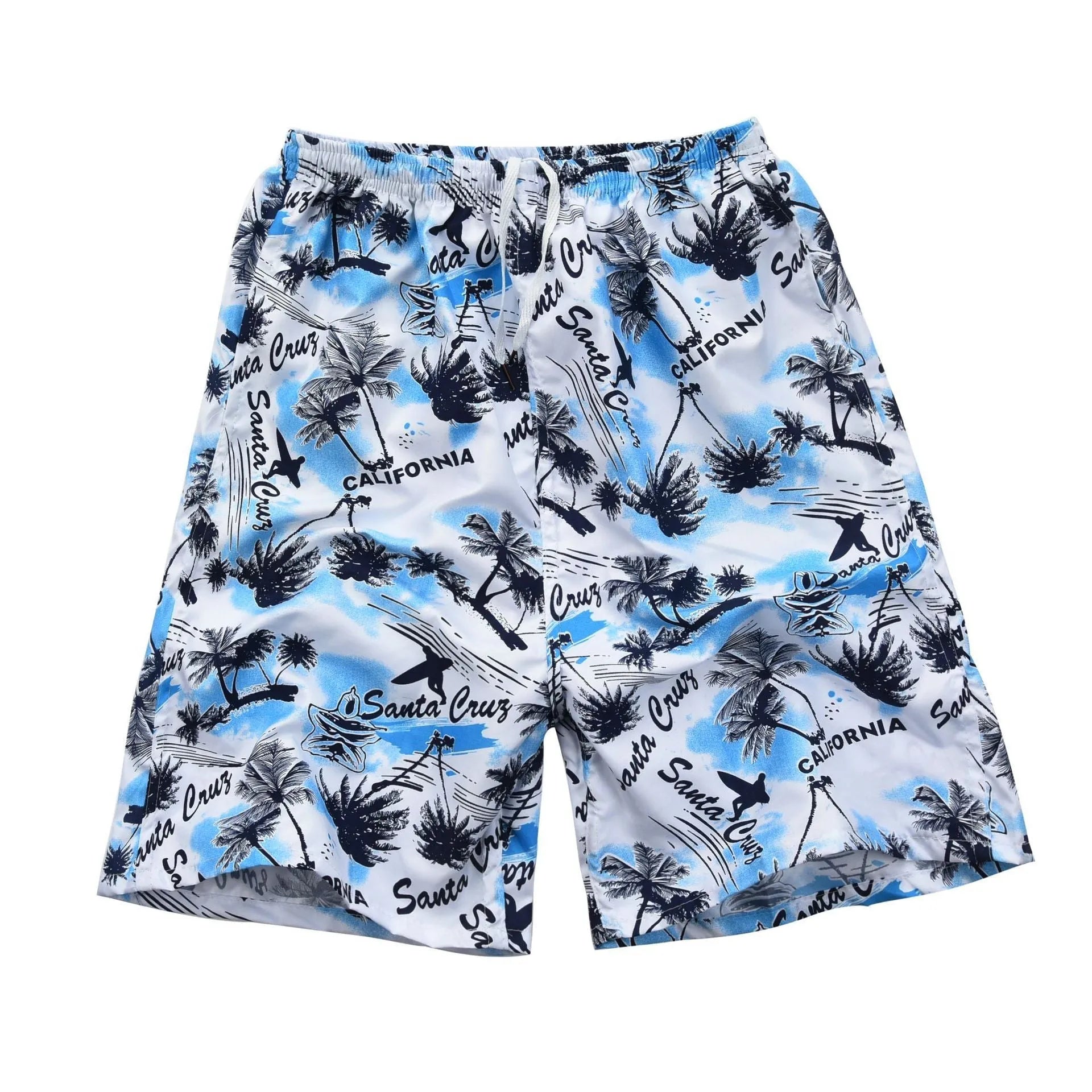 Men's floral printed swimming trunks in polyester fabric showing multiple pattern options for beach and pool use