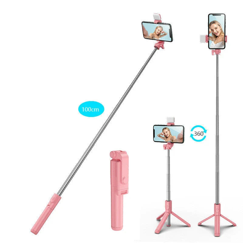 Bluetooth-enabled selfie stick with 360-degree rotation, integrated fill light, and Bluetooth remote control for versatile content creation on iPhone