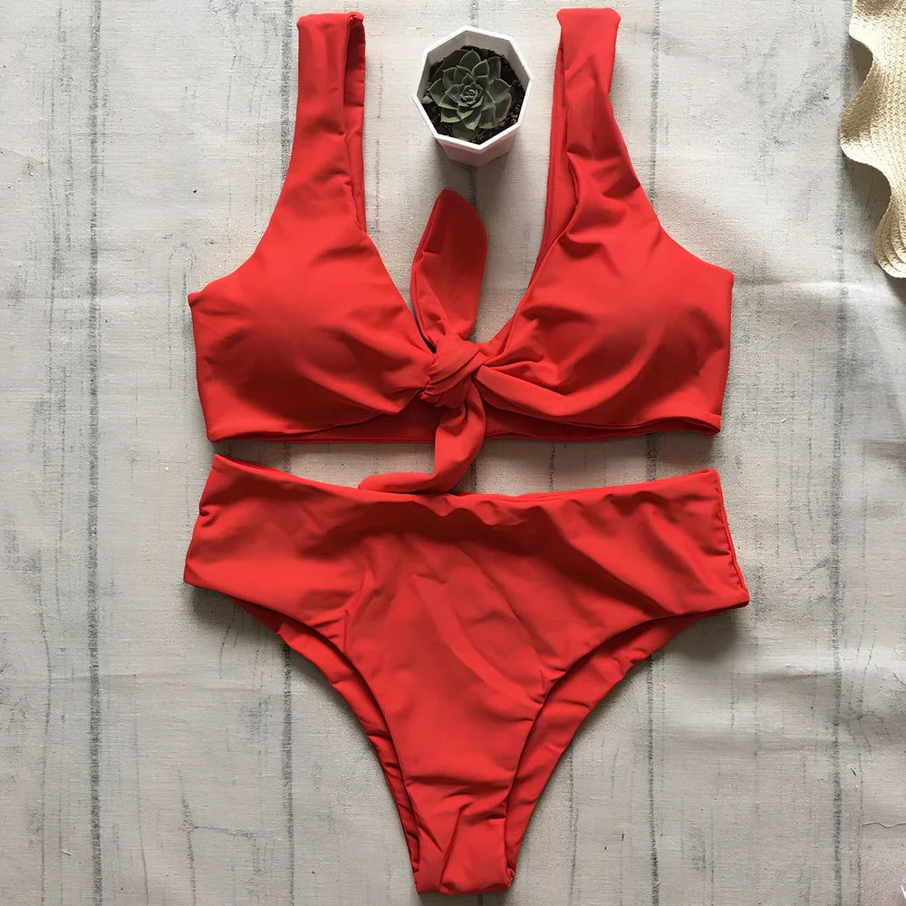 Women's solid colour polyester bikini set for swimming with European styling
