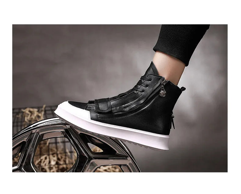 PU leather men's ankle boots in black and white, high-top sneaker style with microfiber upper, sizes 38-43