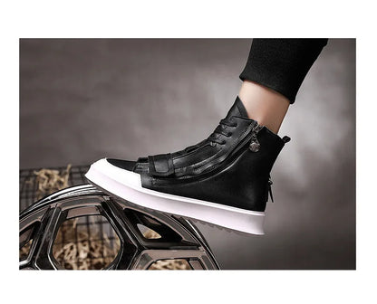 PU leather men's ankle boots in black and white, high-top sneaker style with microfiber upper, sizes 38-43