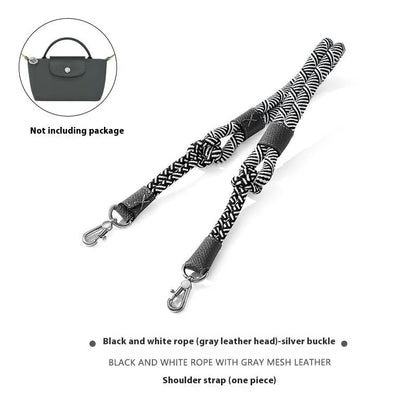 Braided rope shoulder strap with alloy hardware in silver or gold finish options
