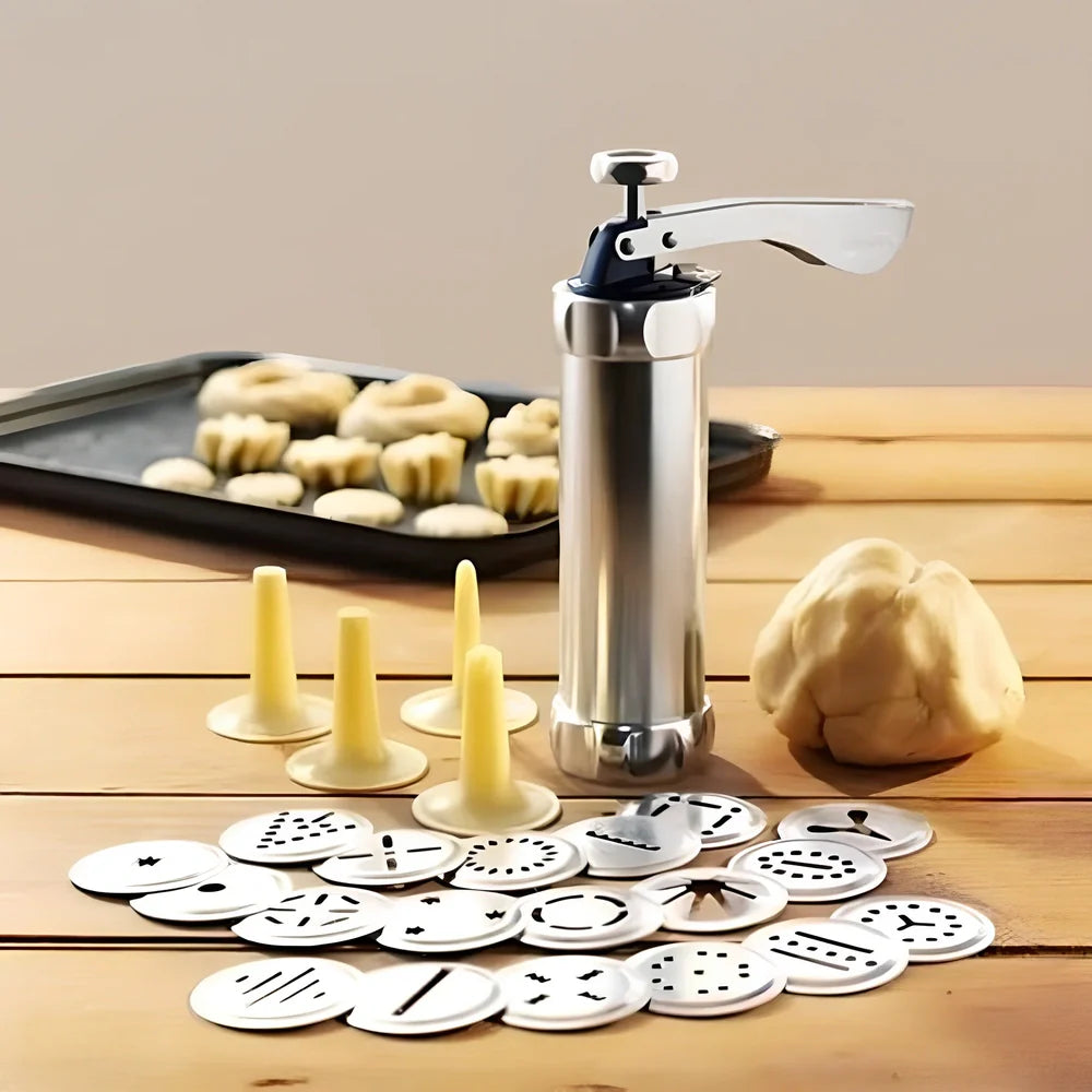 Stainless steel cookie press with 20 pattern discs for making uniform biscuits