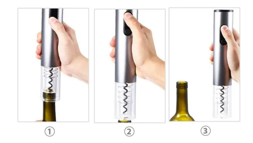 Silver automatic electric wine bottle opener with integrated foil cutter
