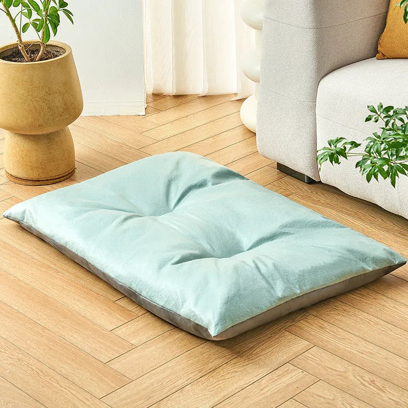 Summer cooling pet sleeping mat shown in blue colour with size options from S to XL