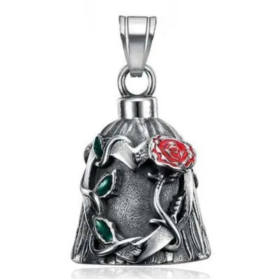 Polished titanium steel vintage motorcycle bell with a red epoxy rose on both sides, shown against a dark background.