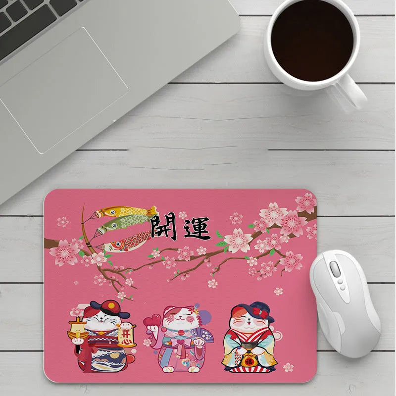 Customisable thick cartoon mouse pad with non-slip base, showing sample patterns like strawberry, cat, and whale designs.
