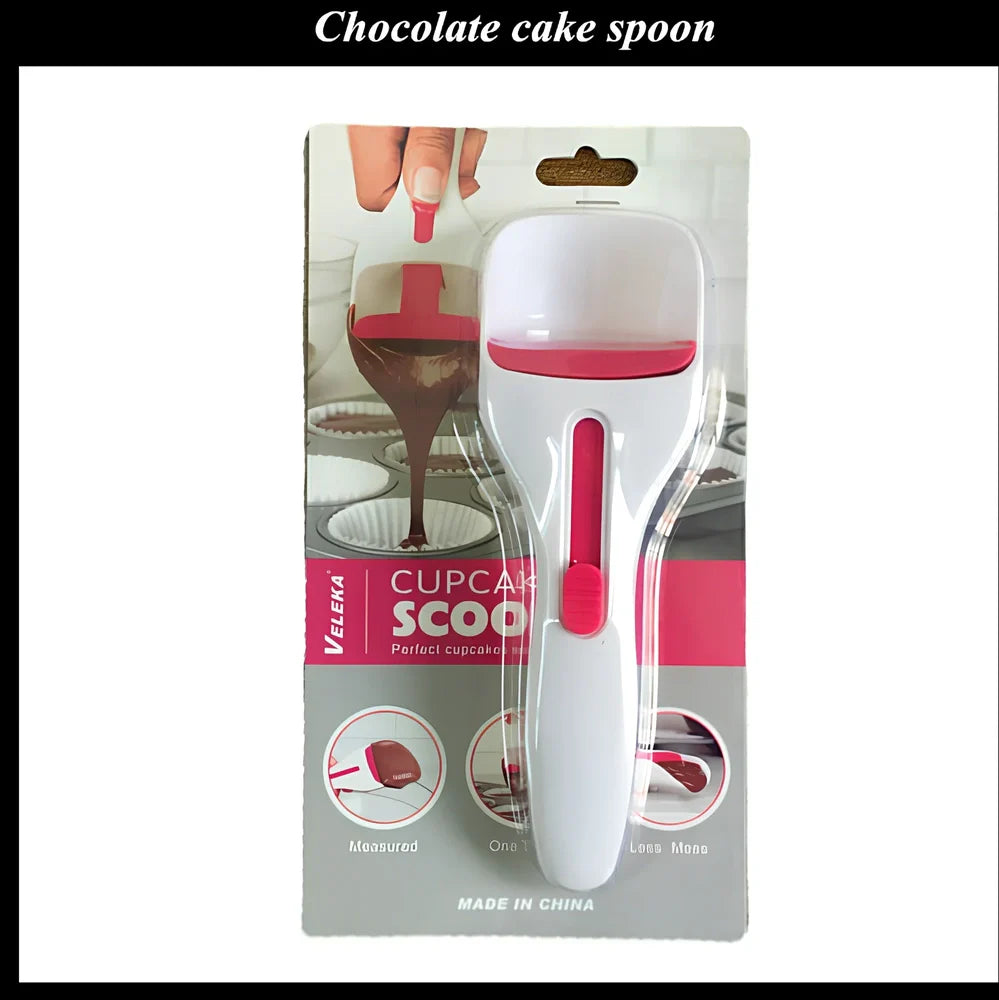19.5cm long cake batter scoop with push-button mechanism and non-stick surface for consistent cupcake portioning