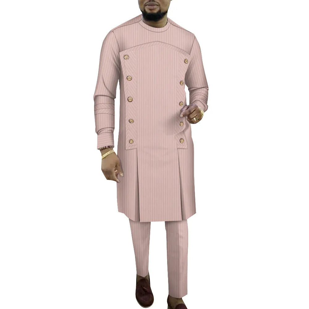 African-inspired striped cotton robe two-piece set for men showing top and trousers in multiple colour variations