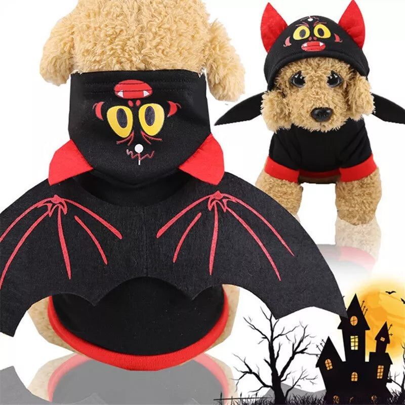 Halloween bat wings pet clothes for dogs and cats in black with red wings