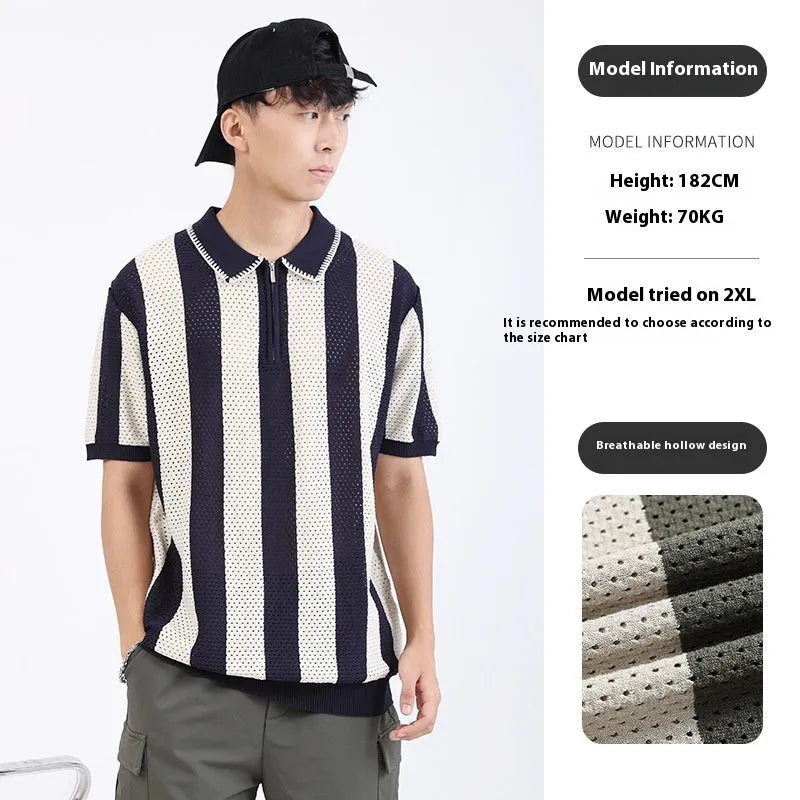 Men's short sleeve ice silk sweater with zipper decoration in striped pattern, available in multiple colours and sizes
