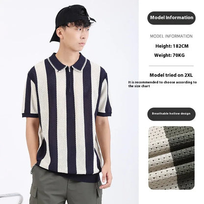 Men's short sleeve ice silk sweater with zipper decoration in striped pattern, available in multiple colours and sizes