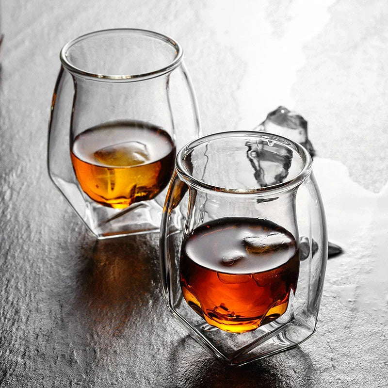 Handmade borosilicate whiskey glass with unique design and double glazing for thermal insulation