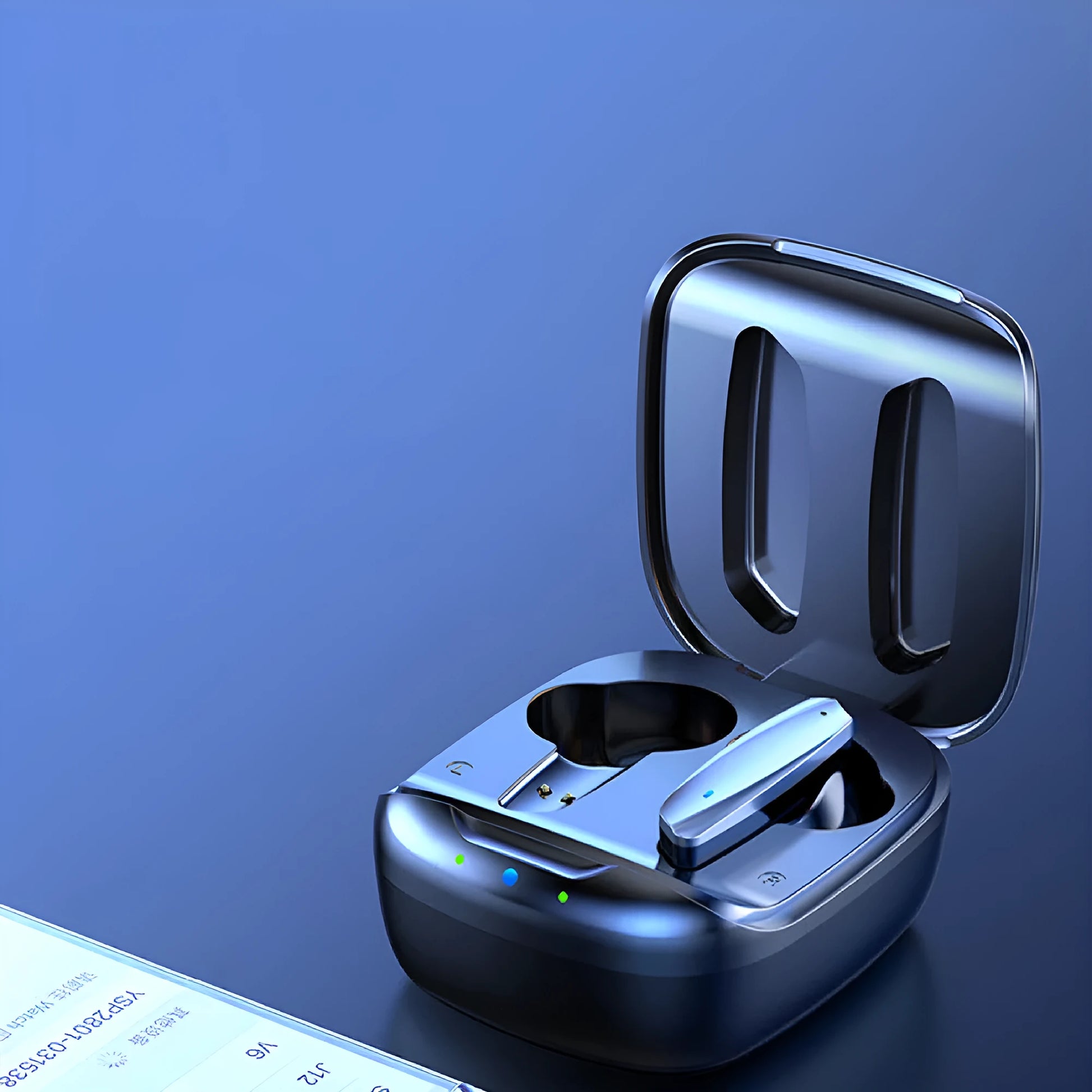 Black and white TWS Bluetooth headphones with USB charging case showing wireless earbuds