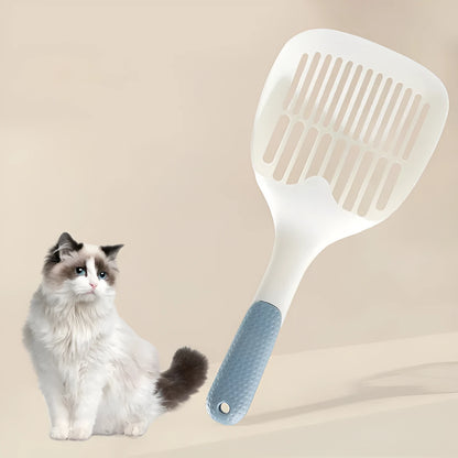White cat litter shovel with blue detailing, showing large scoop head for pet waste removal