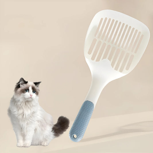 White cat litter shovel with blue detailing, showing large scoop head for pet waste removal