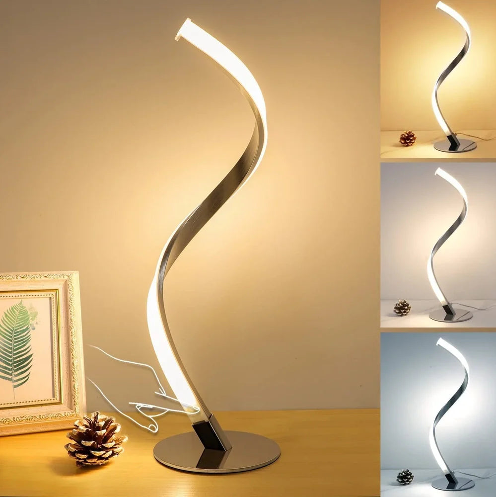 Spiral snake bedside table lamp in black with 390mm height, 140mm base, and three-colour dimming on UK plug