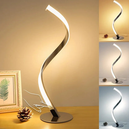 Spiral snake bedside table lamp in black with 390mm height, 140mm base, and three-colour dimming on UK plug