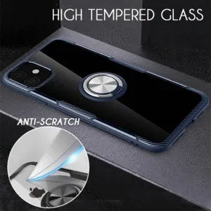 iPhone 11 Pro Max case with car holder arm in navy blue, showing PU material and button access.