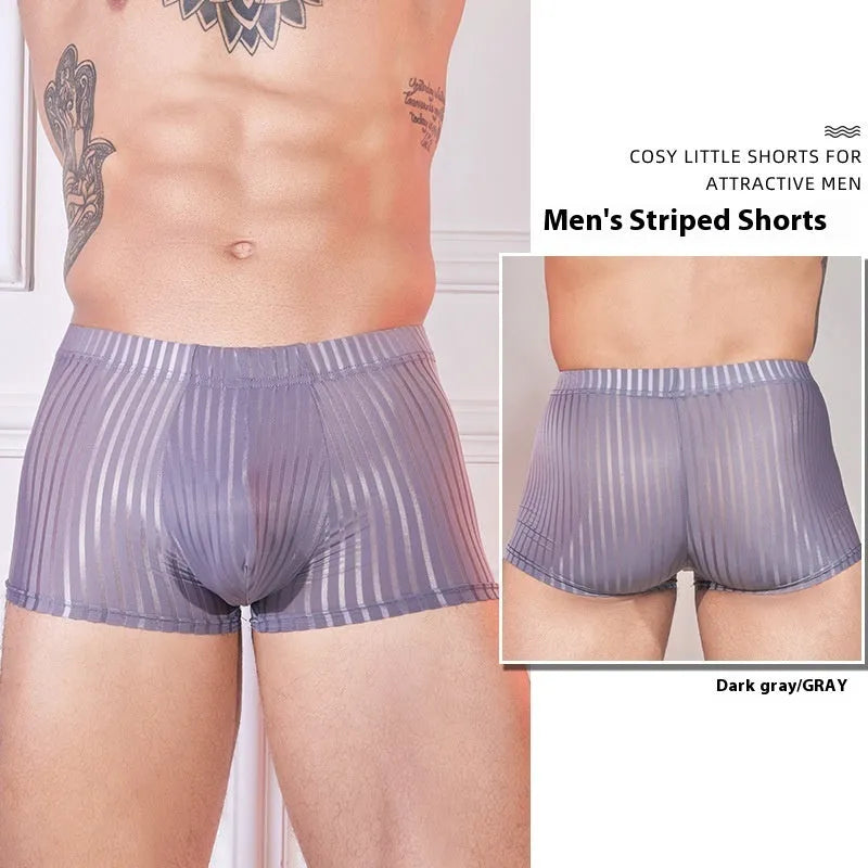 Men's striped underwear in black, white, or dark grey with thin nylon fabric and free size fit