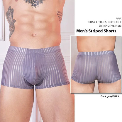 Men's striped underwear in black, white, or dark grey with thin nylon fabric and free size fit