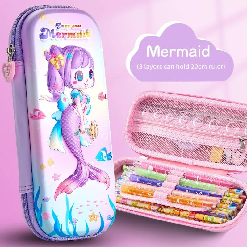 Leather 3D pencil case showing design themes: dinosaur, astronaut, mermaid, unicorn, and spaceship.