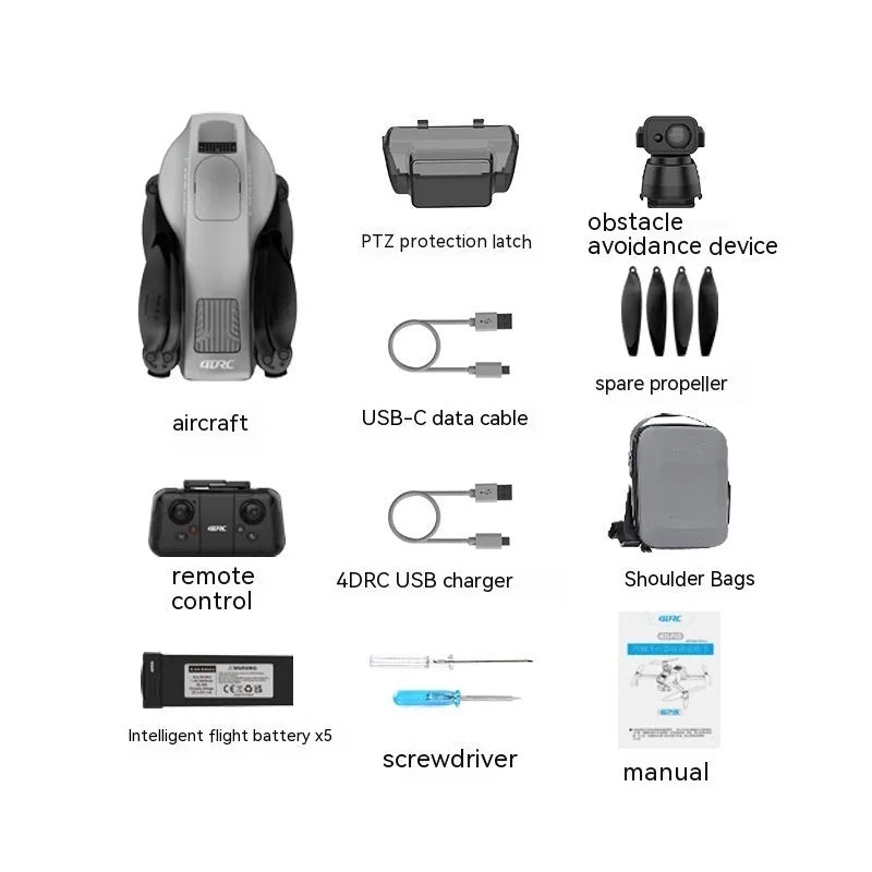 White foldable brushless quadcopter drone with 4K camera shown with remote control and carry case.