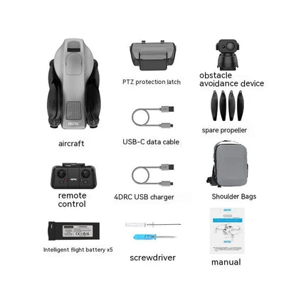White foldable brushless quadcopter drone with 4K camera shown with remote control and carry case.