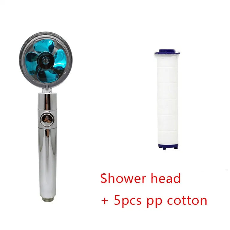 Chrome-finished ABS plastic water-saving shower head with a round, rotating spray head.